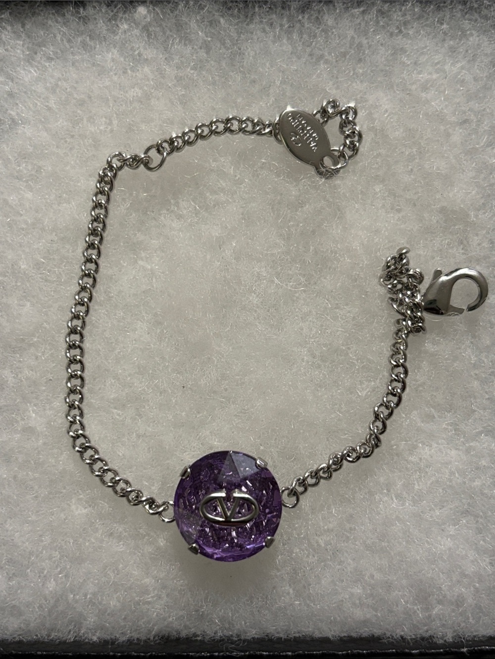 Valentino Inspired Silver Chain Bracelet with Purple Crystal Charm